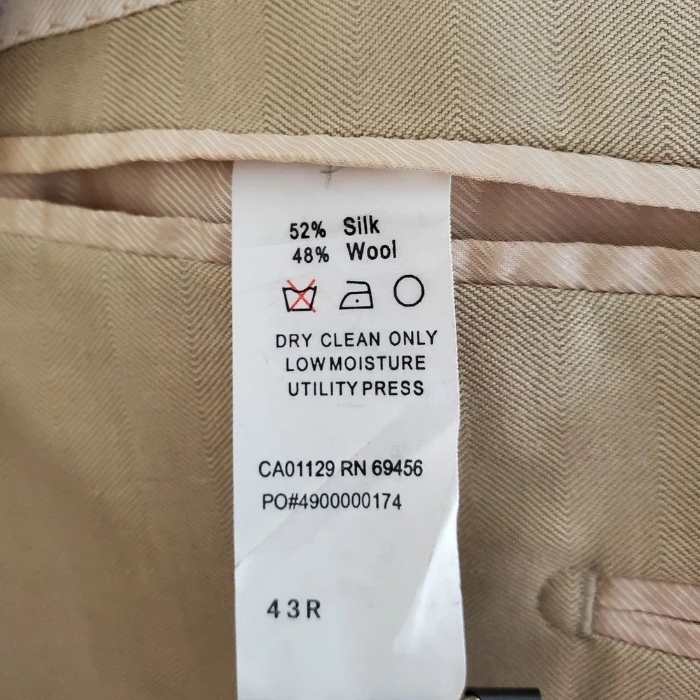Sean John 43R 37R Gold Beige Silk Wool Two-Piece Suit Blazer Pants Career Formal